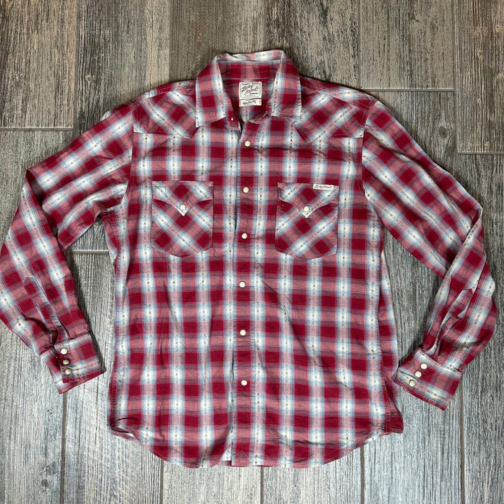 Lucky Dungarees Western Shirt Mens Medium Plaid Button Up Long Sleeve Pearl Snap